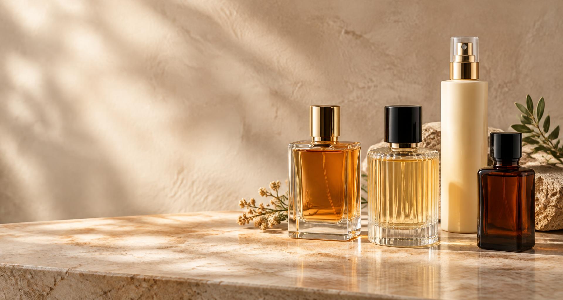Illustrative selection of unbranded fragrance and personal care bottles